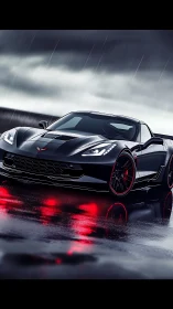 Sleek black sports car on wet track with red neon glow.