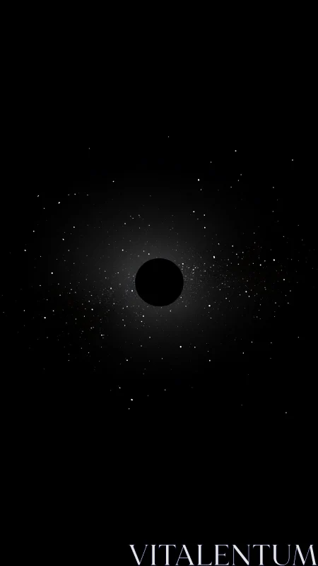 Minimalist black hole silhouette amid sparse starfield.