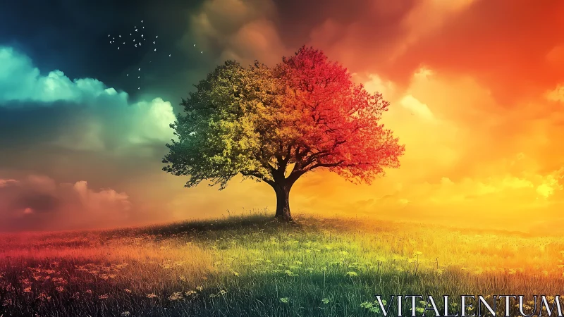 Solitary gradient tree unifies seasonal color spectrum at dusk