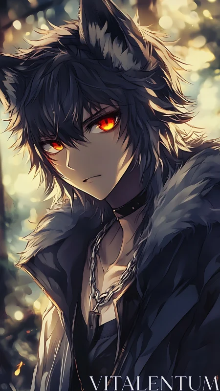 Wolf-eared wanderer with ember eyes in soft forest light.