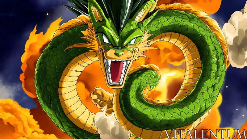 Emerald celestial dragon coils through blazing storm sky.