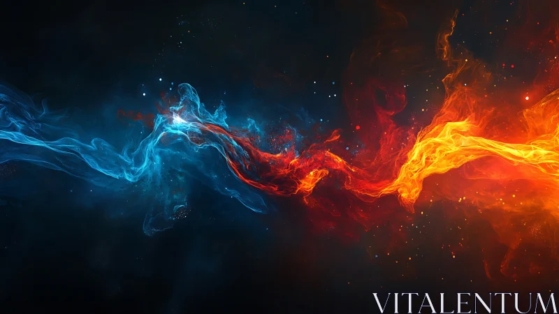 Blue and orange plasma streams collide in dynamic abstract energy display.