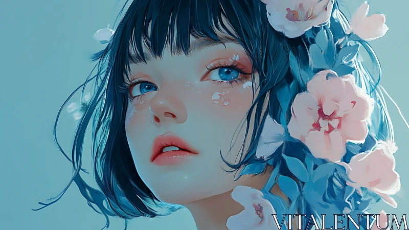 Dreamy blue haired girl framed by soft pastel flowers.