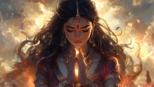 Luminescent devotee in fiery aureole, high-detail digital painting.