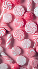 Systematic Arrangement of Pink Confectionery: Lollipops and Candy Compositions.