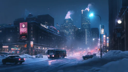 Snowy night city street shows bus crossing glowing skyline
