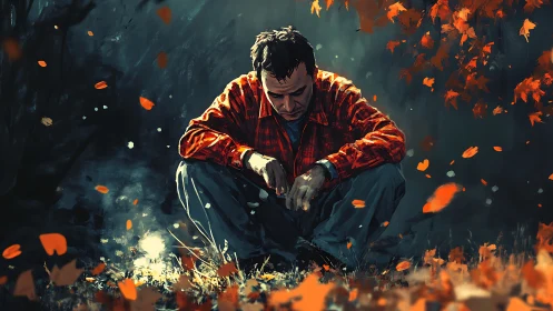 Solitary man in autumn field rendered in moody digital painting