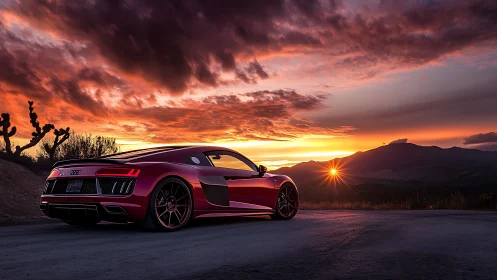 Red sports car catches sunset glow on a desert mountain road
