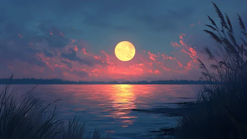 Full moon over calm lake with reeds and distant treeline.