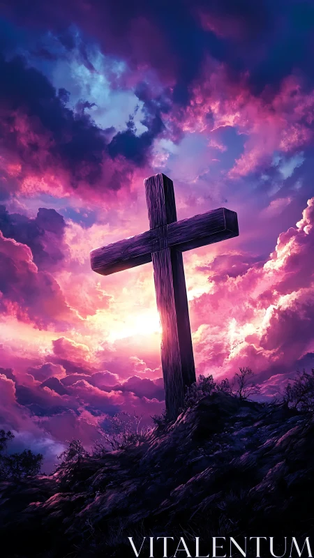 Radiant hilltop cross beneath a storm of violet light.
