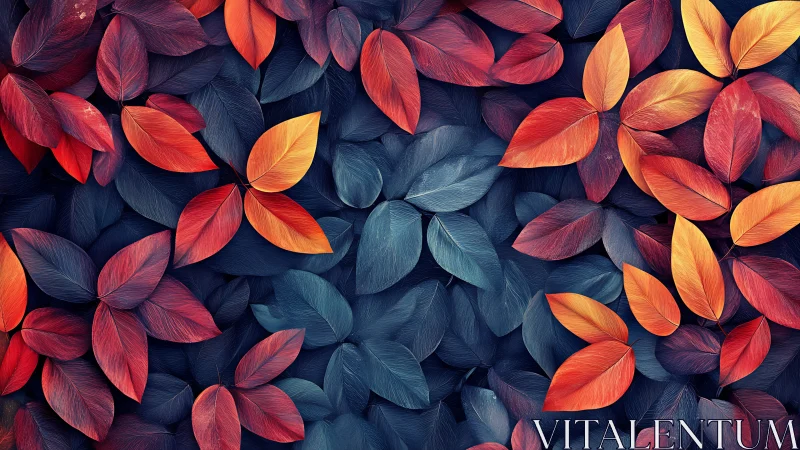 Glowing autumn leaves resting gently on deep blue shadows.