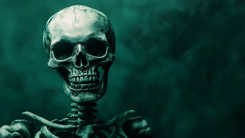 Grinning teal skeleton studies the darkness with hollow calm