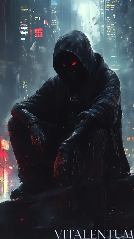 Hooded urban sentinel with red emissive eyes in rainy neon city