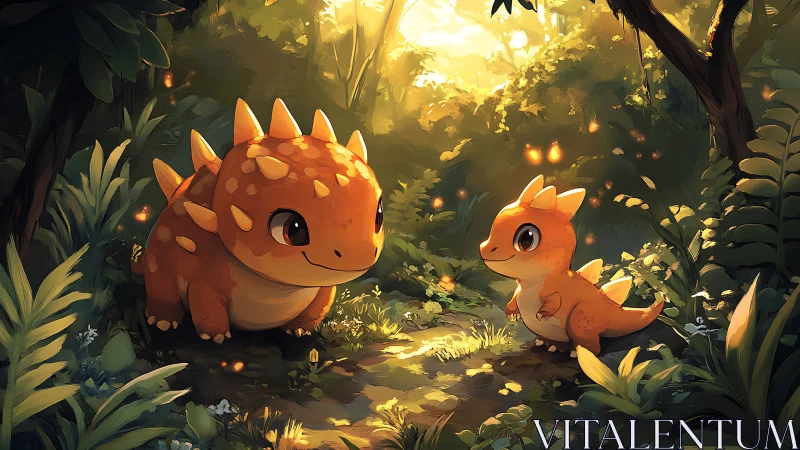 Adorable baby dinosaurs share a glowing forest moment together.