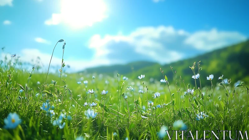 Backlit meadow wildflowers under high-key midday sun and haze
