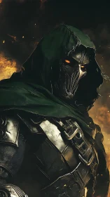 Hooded inferno warlord in charred armor and molten gaze.