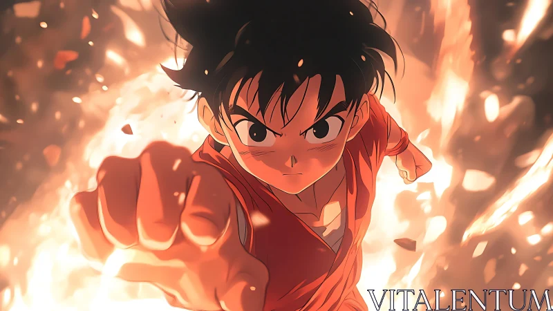 Young anime fighter extends punch amid controlled explosion