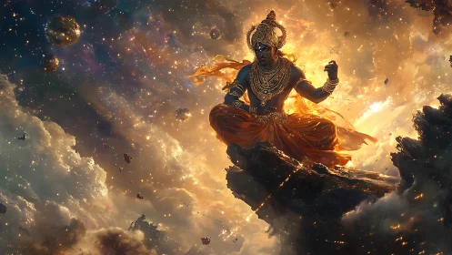 Cosmic blue deity meditating amid radiant nebula clouds.