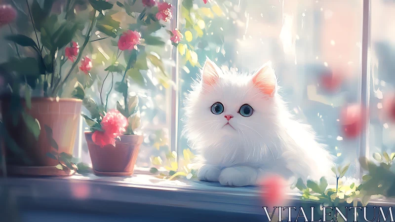 A Fluffy White Kitten's Peaceful Moment Among Blooming Flowers.