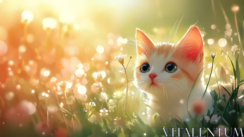 White and ginger kitten rendered in volumetric illumination among flowering botanical elements.