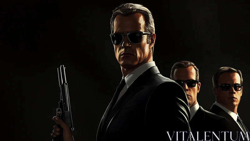 Stoic agents in dark suits stand ready in cinematic shadow