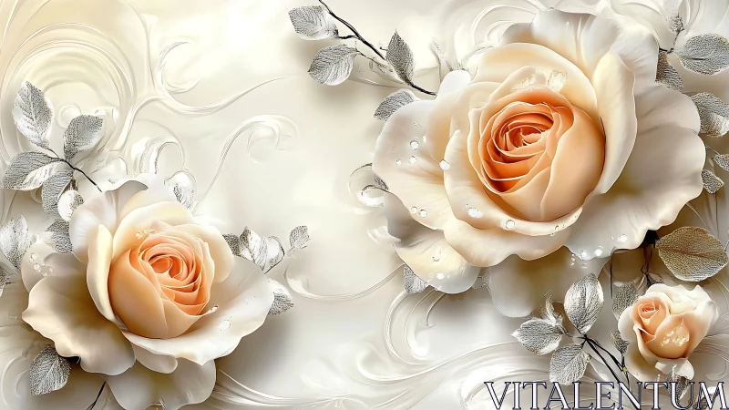 Volumetric 3D Rendered Peach Roses with Procedural Metallic Foliage and Caustic Lighting