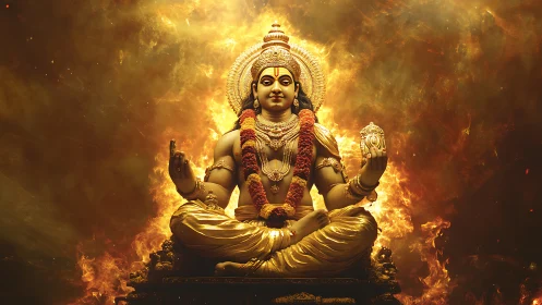 Hindu deity statue in fiery golden digital artwork.