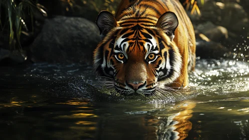 River-stalking tiger glows in molten jungle light. Period.