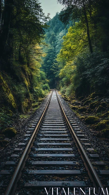 Railway cutting through dense forest corridor at dawn.