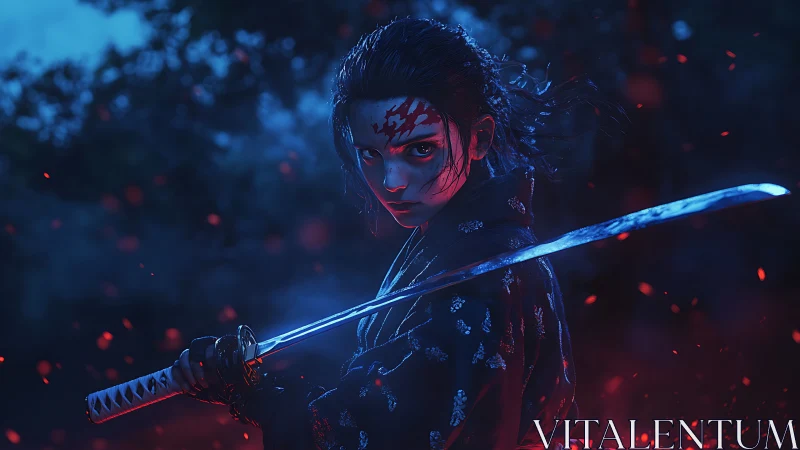 Blood-marked night samurai carved in blue embers.