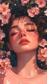 Serene freckled portrait framed by luminous cherry blossoms.