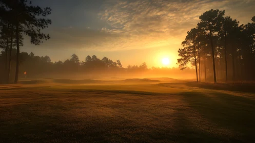 Morning mist turns the quiet golf fairway into liquid gold
