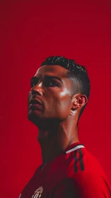 High-contrast athletic portrait uses directional rim lighting and red field