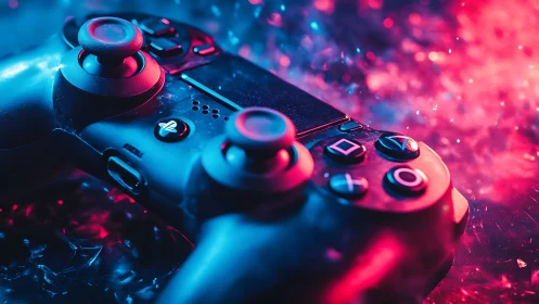 PlayStation-style controller under neon blue and pink light