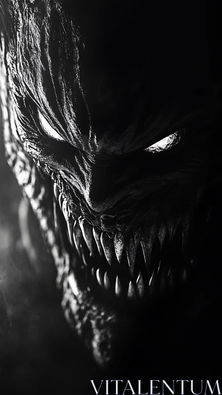 Monochrome demonic creature portrait with glowing eyes.