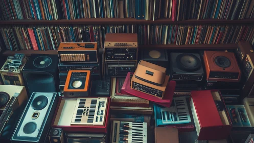 Cozy vintage music corner filled with records and gear.