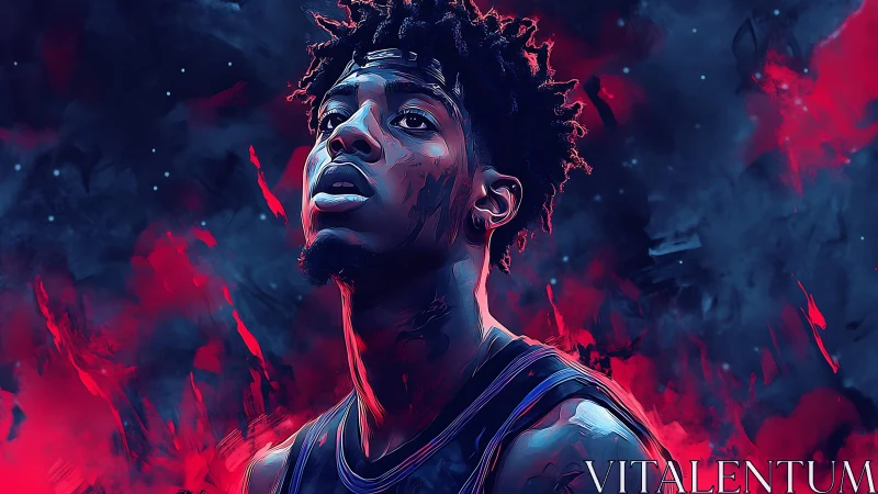 Neon court dreamer under cosmic smoke and crimson fire.