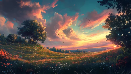 Sunset meadow landscape with glowing clouds and flowers.