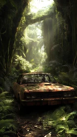 Rusting jungle car beneath overgrown canopy light shafts.