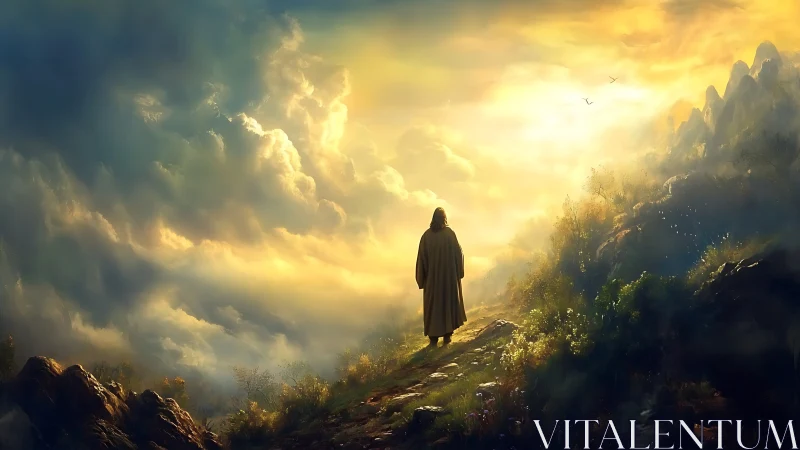 Solitary robed figure walks toward radiant golden horizon