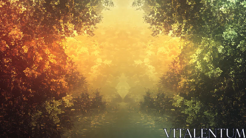 Forest gateway blazed in twin autumn and emerald light.