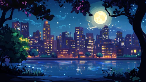 Luminous urban skyline mirrored across nocturnal lakeside water.