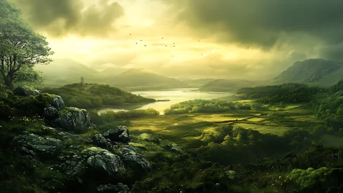 Sunlit mist over emerald valley and distant watchtower.