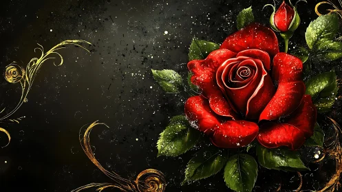 Red rose with water droplets and ornate gold scrollwork on dark background.