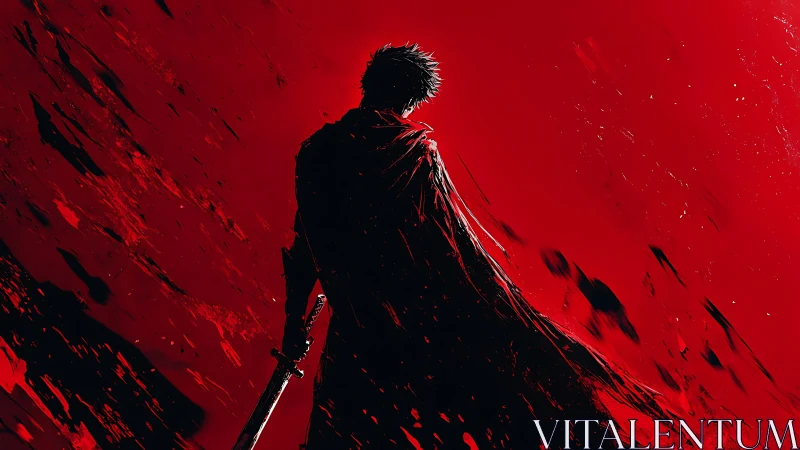 Lone sword warrior framed by violent red abstraction