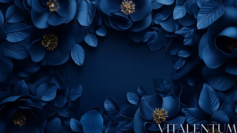 Blue flowers with golden stamens arranged on dark navy background