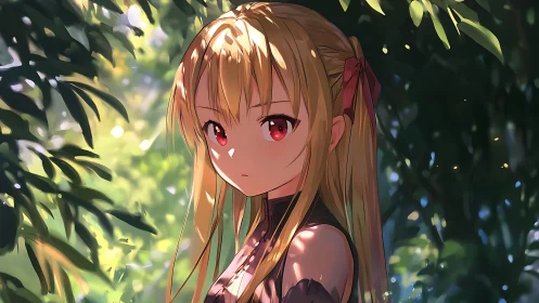 Blonde anime girl in dappled forest light, red eyes, ribbons.