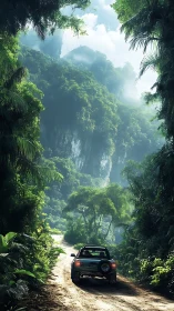 Rugged jeep wandering into a mist-wrapped jungle cradle.