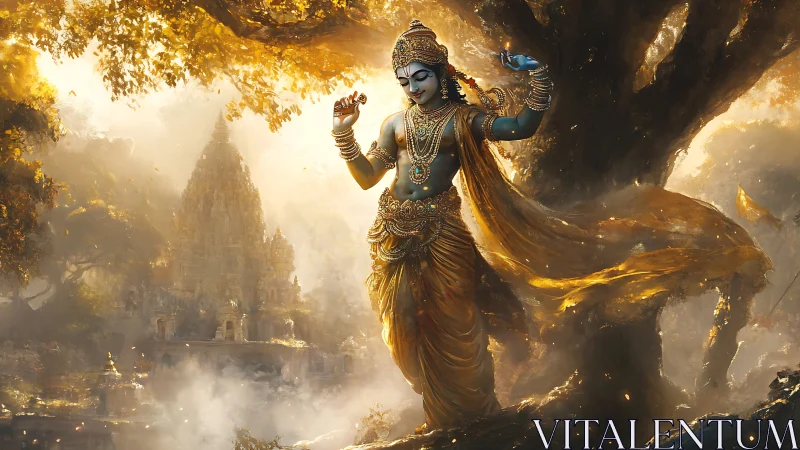 Divine blue-skinned deity dances before luminous temple forest
