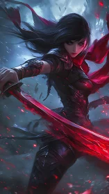 Female warrior with red energy sword in stormy battle scene.